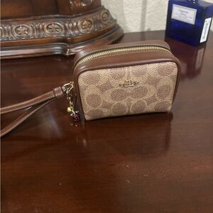 Coach Signature Brown and Tan Wristlet